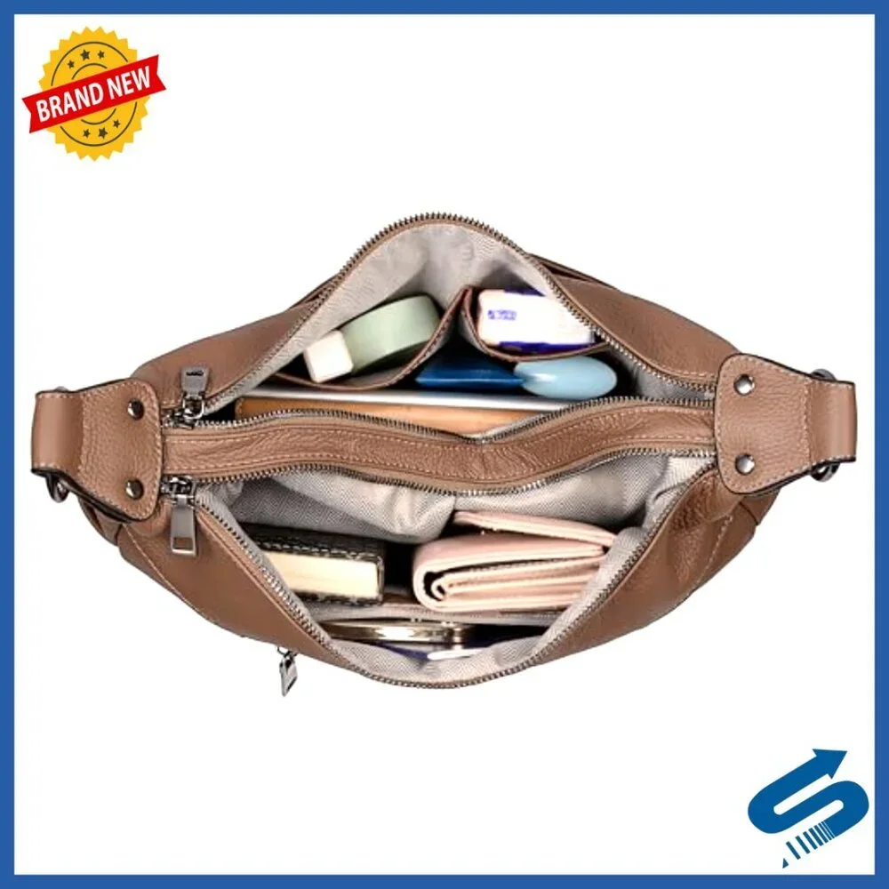 Genuine Leather Hobo Bag with Crossbody Strap, Double Zipper Pockets